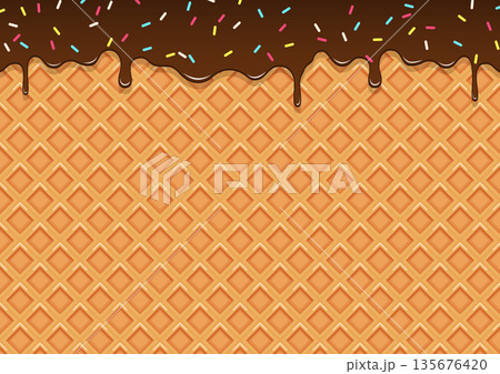 とろけるチョコレートとワッフルの背景素材 スイーツデザインのベクターイラスト カラフルなトッピングの 135676420
