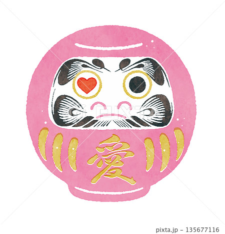 恋愛成就を願うピンクの恋愛達磨イラスト｜縁結び・愛の日本縁起物素材 135677116