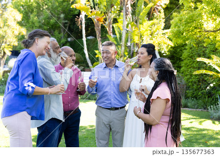 Group of seniors enjoying outdoor celebration, laughing and toasting with drinks Group of seniors enjoying outdoor celebration, laughing and toasting with drinks 135677363