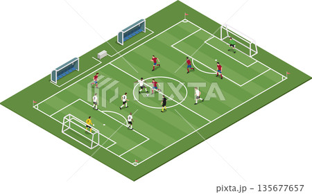 Isometric football pitch with players and bench area Isometric football pitch with players and bench area 135677657