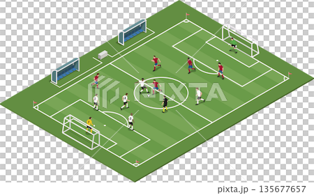 Isometric football pitch with players and bench area Isometric football pitch with players and bench area 135677657