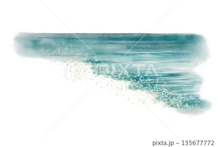 Turquoise ocean shoreline with foaming waves and golden sand splashes.Serene watercolor background.Coastal scene for travel brochures,resort postcards,hotel branding to capture beach holiday vibe 135677772