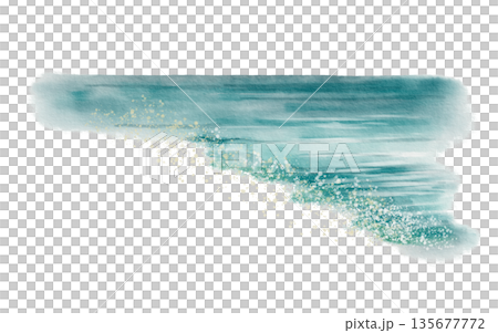 Turquoise ocean shoreline with foaming waves and golden sand splashes.Serene watercolor background.Coastal scene for travel brochures,resort postcards,hotel branding to capture beach holiday vibe 135677772