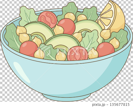 Hand Drawn Minimalist Illustration of a Fresh Healthy Salad Bowl with Avocado, Chickpeas, and Tomatoes for Vegan Menu and Wellness Content Hand Drawn Minimalist Illustration of a Fresh Healthy Salad Bowl with Avocado, Chickpeas, and Tomatoes for Vegan Menu and Wellness Content 135677815