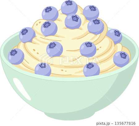 Hand Drawn Minimalist Illustration of Healthy Yogurt Bowl Topped with Fresh Blueberries for Breakfast and Wellness Decor 135677816