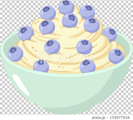 Hand Drawn Minimalist Illustration of Healthy Yogurt Bowl Topped with Fresh Blueberries for Breakfast and Wellness Decor 135677816