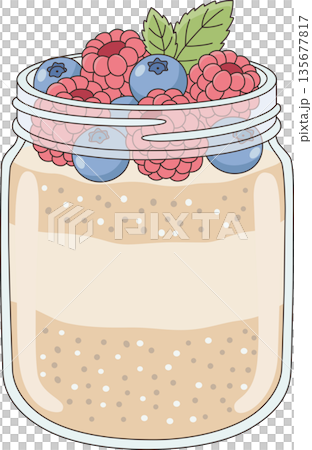 Hand Drawn Minimalist Illustration of Healthy Overnight Oats in a Glass Jar Topped with Raspberries and Blueberries for Vegan Breakfast and Wellness Decor Hand Drawn Minimalist Illustration of Healthy Overnight Oats in a Glass Jar Topped with Raspberries and Blueberries for Vegan Breakfast and Wellness Decor 135677817