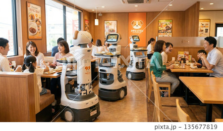 ファミレスで活躍する複数の自動配膳ロボット 賑わう店内の様子 飲食業界のDX サービス 笑顔の人物 ファミレスで活躍する複数の自動配膳ロボット 賑わう店内の様子 飲食業界のDX サービス 笑顔の人物 135677819