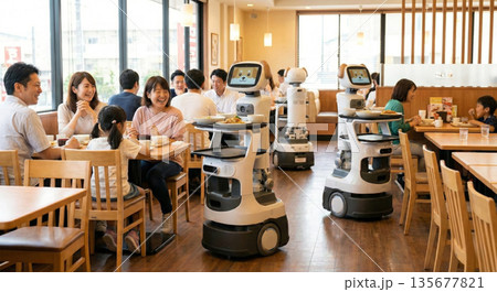親子が楽しむファミレスの自動配膳ロボット 働く機械と人間の共生 飲食店の最新サービス リアル 人物 親子が楽しむファミレスの自動配膳ロボット 働く機械と人間の共生 飲食店の最新サービス リアル 人物 135677821