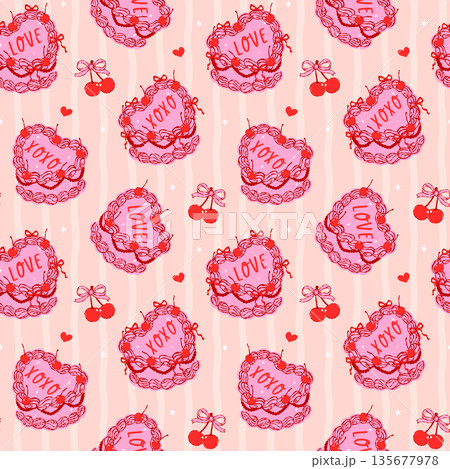 Coquette Seamless Pattern Valentine Vintage Heart Cake with ribbon bows hand drawn in whimsical line Groovy style red and pink Coquette Seamless Pattern Valentine Vintage Heart Cake with ribbon bows hand drawn in whimsical line Groovy style red and pink 135677978