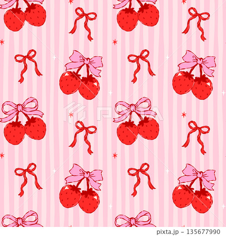 Valentine Coquette Strawberry Cherries Bow seamless pattern hand drawn with in whimsical line style on striped retro background 135677990