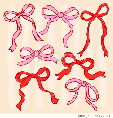 Whimsical Ribbon Bow Elements Hand Drawn in Coquette Aesthetic Set Whimsical Ribbon Bow Elements Hand Drawn in Coquette Aesthetic Set 135677993