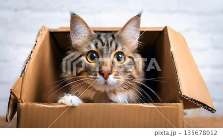 ダンボールに入った茶トラ猫 135678012
