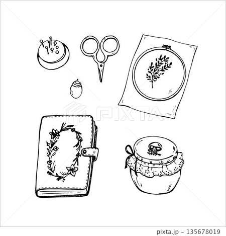 Cottage core element, embroidery items, note  135678019