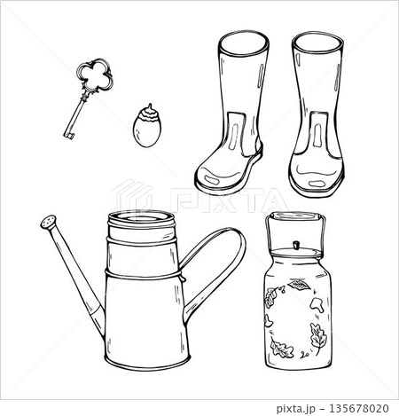 Hand drawn set of gardening elements, boots, watering can, can, key Hand drawn set of gardening elements, boots, watering can, can, key 135678020