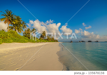 Relaxing Maldives island sunrise beach landscape with water villas, palm trees, sandy shore, and peaceful ocean creating a top luxury summer holiday destination scenic background travel vacation 135678138
