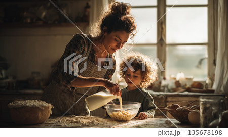 Mother and child cooking together at home kitchen pouring milk into bowl with cereal ingredients Mother and child cooking together at home kitchen pouring milk into bowl with cereal ingredients 135678198