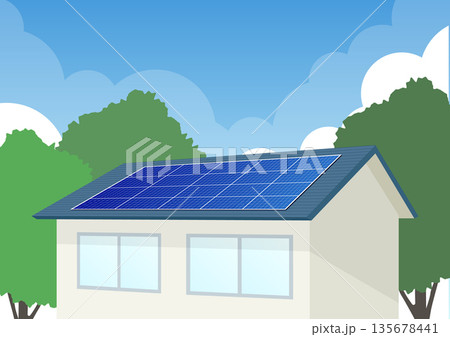 住宅用太陽光発電システムのイメージイラスト 屋根に設置されたソーラーパネル 再生可能エネルギー 住宅用太陽光発電システムのイメージイラスト 屋根に設置されたソーラーパネル 再生可能エネルギー 135678441
