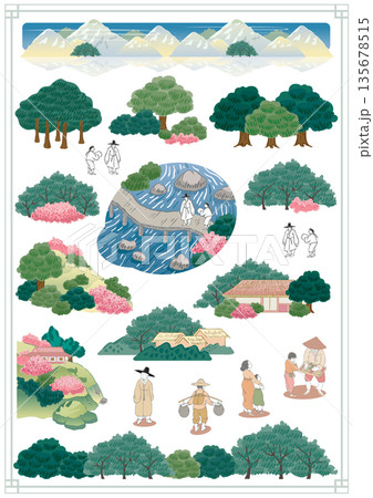 Beautiful Traditional Korean Art Landscape. KoreanArt Style. Template design for stickers and icons 135678515