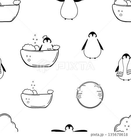 Funny penguin taking bath seamless pattern. Taking bath doodle	 135678618