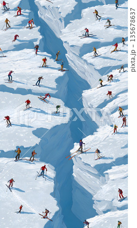 雪山に走る割れ目の俯瞰イメージ。人生の分岐や別れを象徴するクラック 135678637