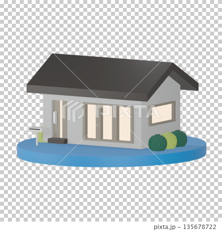 横から見た黒い屋根の家の3Dイラスト 135678722