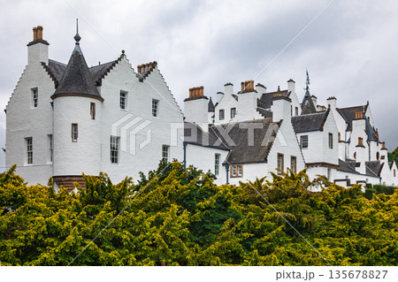 Blair Castle white baronial architecture above lush gardens Scotland Blair Castle white baronial architecture above lush gardens Scotland 135678827