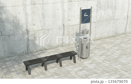Outdoor Smoking Area with Bench and Ashtray. 3D Rendering. 135679070