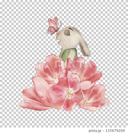 Cute watercolor illustration of a little bunny with a butterfly on its nose, sitting among pink spring flowers. Hand drawn in soft pastel tones, perfect for Easter designs, nursery art, invitations Cute watercolor illustration of a little bunny with a butterfly on its nose, sitting among pink spring flowers. Hand drawn in soft pastel tones, perfect for Easter designs, nursery art, invitations 135679209