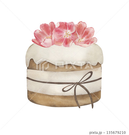 Easter cake with white icing, tied with a bow and pink tulip flowers. Watercolor spring food illustration hand drawn in botanical style. For packaging design, cards, holiday, wrapping paper 135679210