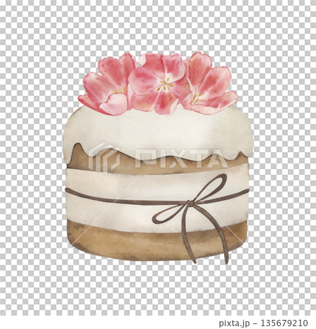 Easter cake with white icing, tied with a bow and pink tulip flowers. Watercolor spring food illustration hand drawn in botanical style. For packaging design, cards, holiday, wrapping paper 135679210