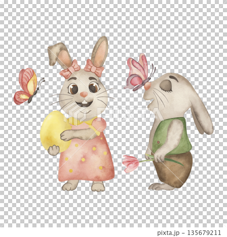 Easter bunnies with an egg and a flower in their hands with butterflies. Spring children's illustration is drawn in watercolors, in warm, delicate shades. For design of holiday cards, packaging Easter bunnies with an egg and a flower in their hands with butterflies. Spring children's illustration is drawn in watercolors, in warm, delicate shades. For design of holiday cards, packaging 135679211
