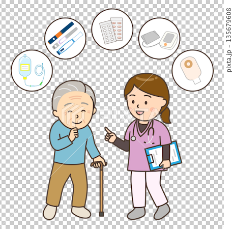 A female nurse and an elderly man explaining home nursing services A female nurse and an elderly man explaining home nursing services 135679608