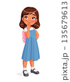 Curious Indian school girl in uniform thinking. Cartoon vector illustration. 135679613