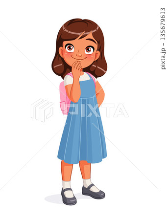 Curious Indian school girl in uniform thinking. Cartoon vector illustration. Curious Indian school girl in uniform thinking. Cartoon vector illustration. 135679613