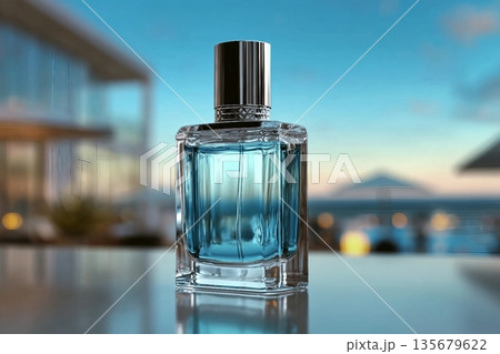 A bottle of cologne sits on a table with a view of the sky. The bottle is clear and has a blue liquid inside. Concept of luxury and sophistication A bottle of cologne sits on a table with a view of the sky. The bottle is clear and has a blue liquid inside. Concept of luxury and sophistication 135679622
