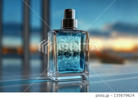 A bottle of cologne sits on a table with a view of the sky. The bottle is clear and has a blue liquid inside. Concept of luxury and sophistication 135679624