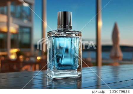 A bottle of cologne sits on a table with a view of the sky. The bottle is clear and has a blue liquid inside. Concept of luxury and sophistication 135679628