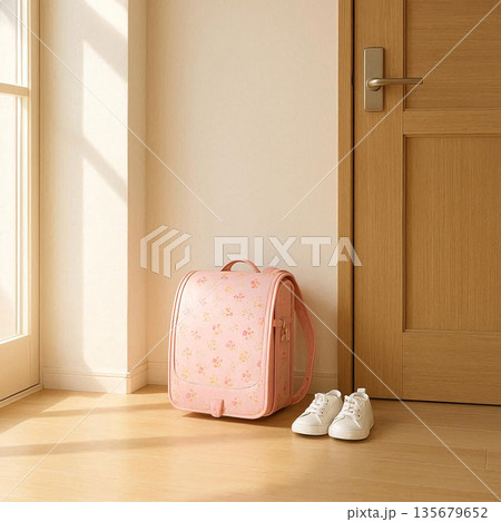 小学校入学を迎える朝のひととき 135679652