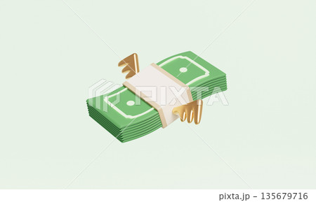 Flying Money Stack with Golden Wings. 3D Rendering. Flying Money Stack with Golden Wings. 3D Rendering. 135679716