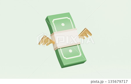 Flying Money Stack with Golden Wings. 3D Rendering. 135679717