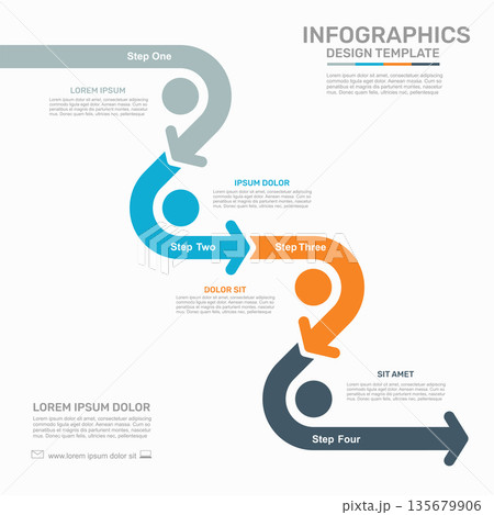 Modern infographic template with four colorful steps, arrows, circles for business process visualization. Vector illustration. 135679906