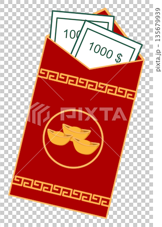Red Envelope (Hongbao) with Money and Gold Sycee for Chinese New Year Celebration Red Envelope (Hongbao) with Money and Gold Sycee for Chinese New Year Celebration 135679939