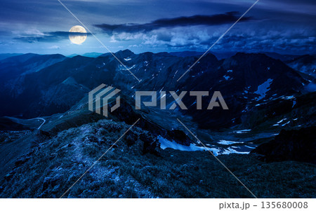 path through mountain ridge with snow on distant green hills at night. gorgeous panoramic view of highland scenery for recreation in summer in full moon light. inner strength to overcome fear 135680008