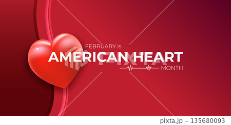 February American Heart Month awareness banner with glossy 3D heart, creative red wavy ribbon background for medical healthcare promotion vector. Heart month with 3d heart 135680093