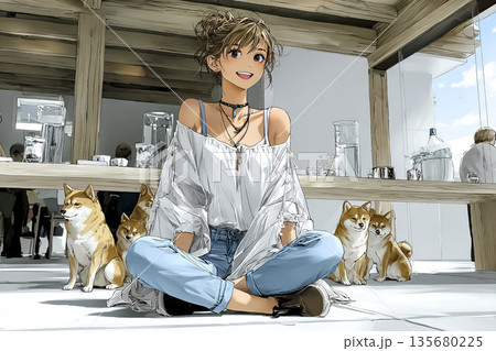 わんこカフェで犬に囲まれて笑顔になる女性｜癒しのドッグカフェイラスト 135680225