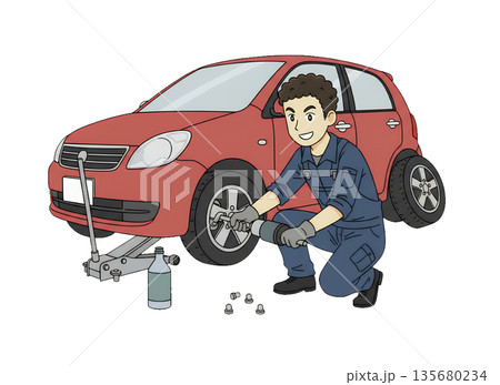 タイヤ交換をする男性作業員 135680234