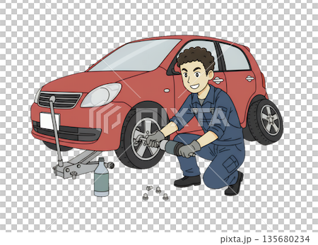 タイヤ交換をする男性作業員 135680234