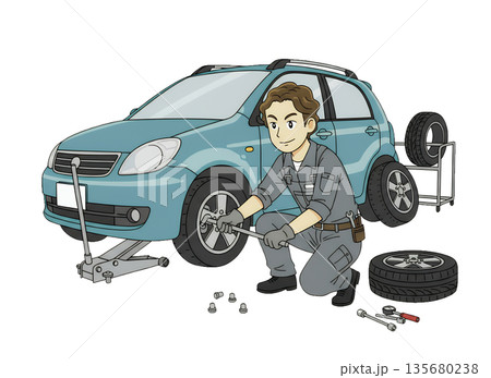 タイヤ交換をする男性作業員 135680238