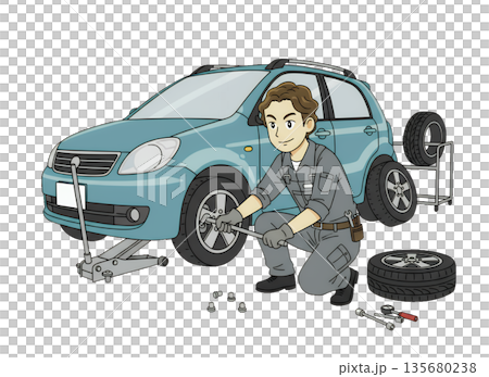 タイヤ交換をする男性作業員 135680238